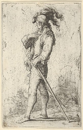 A warrior facing left wearing a plumed hat and holding a cane, from "Figurine"