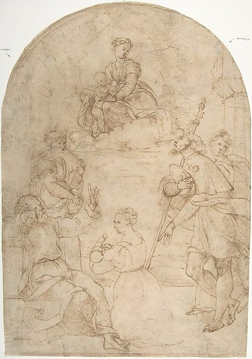 Saint Roch Recommending a Woman with a Sick Child to the Virgin (recto); Figure of a Man Holding a Book; Nude Figure of a Man (verso)