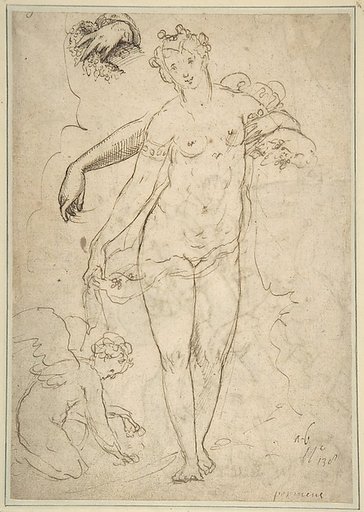 Standing Nude Female and Putto with Studies of a Hand and an Arm (recto); Satyrs destroying a Female Herm (verso)