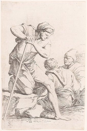 Two men sitting and another man holding a staff kneeling on a rock, from "Figurine"