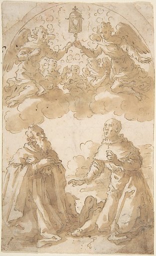 Two Male Saints Kneeling with Angels Holding a Reliquary