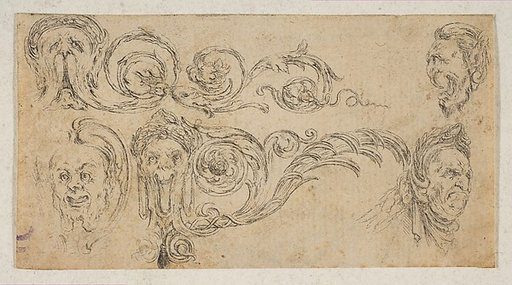 Plate 4: five grotesque heads, from "Friezes, foliage, and grotesques" (Frises, feuillages et grotesques)