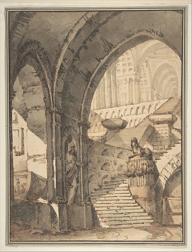Framed Design for a Stage Set with Arches, Stairs, Human Figure and Sphinx Statue