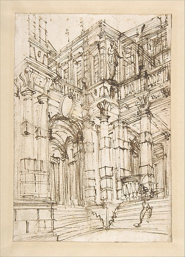 Sketch for a Stage Set: Foreshortened View of a Palace with a Figure on the Stairs