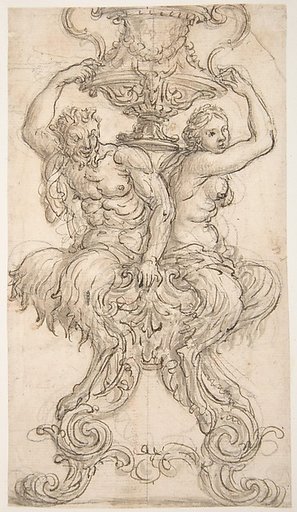 Satyr and Satyress Seated on a Pedestal Supporting a Vase