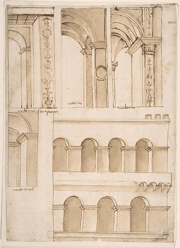 Architecture Study containing Details of One or Several Buildings (possibly part of the street-facing architecture of old Saint Peter's Square in Rome)