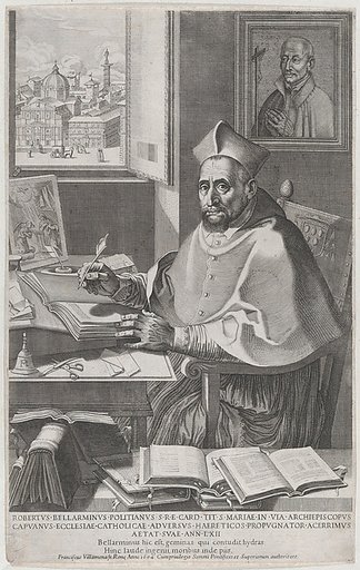Cardinal Roberto Bellarmino at his desk, writing
