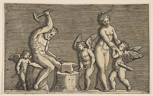 Vulcan seated hammering on an anvil flanked by Venus and three cupids