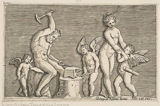 Vulcan seated hammering on an anvil flanked by Venus and three cupids