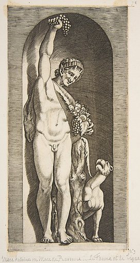 A faun standing in a niche holding aloft a bunch of grapes with his right hand and fruit with his left  hand, a dog lower right