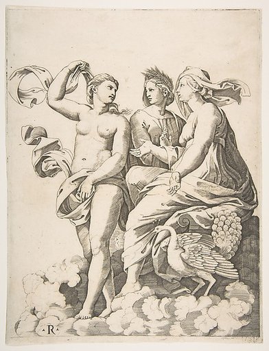 Juno, Ceres, and Psyche in the clouds conversing, Juno seated with a peacock at her feet, Ceres wearing a garland of wheat and Psyche partially naked and holding a cloth