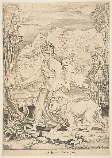 Fortitude in profile view walking toward a fire at left and leading a harnessed lion, a landscape in the background