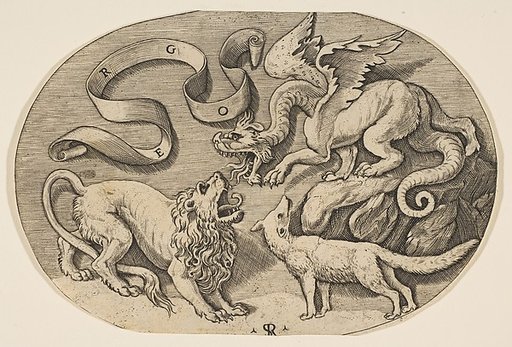 A lion, dragon and fox fighting each other, an inscribed banderole above, an oval composition