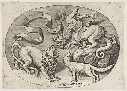 A lion, dragon and fox fighting each other, an inscribed banderole above, an oval composition
