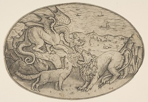 A lion, dragon and fox fighting each other, boats on the sea in the background, an oval composition