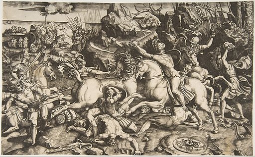 Battle scene in a landscape with soldiers on horseback and several fallen men, another group of riders in the background