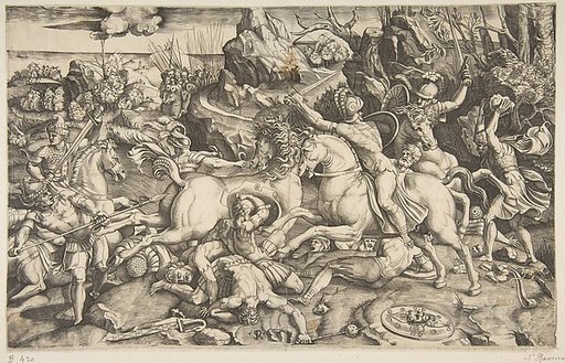 Battle scene in a landscape with soldiers on horseback and several fallen men, another group of riders in the background