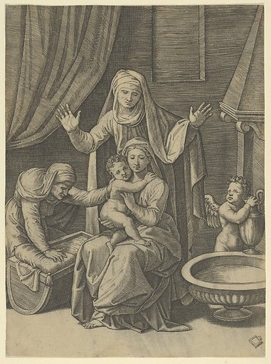 The Virgin holding the Christ Child, St Anne standing above with arms outstretched, St Elizabeth at the left
