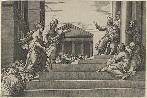 Martha leading Mary Magdalene up a flight of stairs to Christ who is seated at right at the entrance to a temple