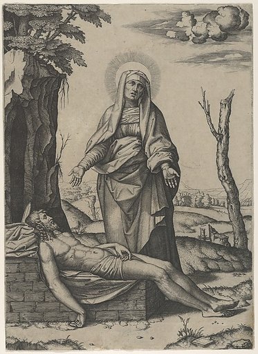 The Pietà: the Virgin standing over the dead Christ, her hands outspread