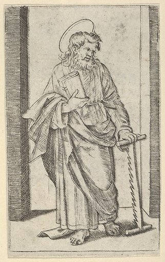 Saint Simon, a saw in his lowered left hand, from "Piccoli Santi" (Small Saints)