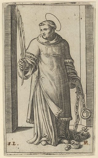 St Leonard standing holding a palm in his right hand and chains in his left, from "Piccoli Santi" (Small Saints)