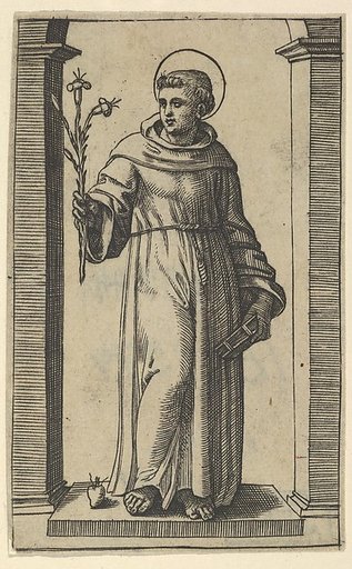 Saint Anthony of Padua standing, lillies in his raised right hand, a book in his left, from "Piccoli Santi" (Small Saints)