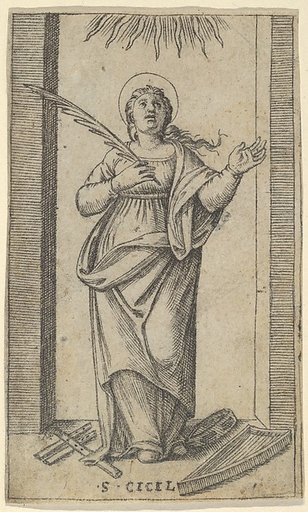 Saint Cecilia standing holding a palm of martyrdom in her right hand, from "Piccoli Santi" (Small Saints)