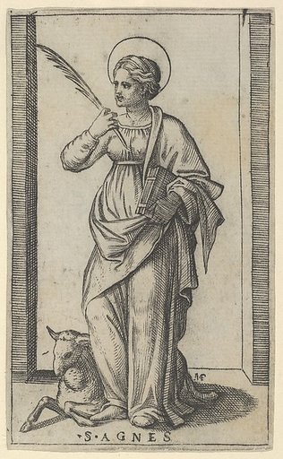 Saint Agnes standing a holding a palm in her right hand, a sheep lower left, from "Piccoli Santi" (Small Saints)
