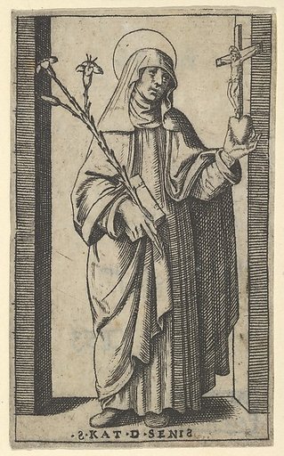 Saint Catherine of Siena standing holding flowers and book in her right hand, a heart and crucifix in her left, from "Piccoli Santi" (Small Saints)