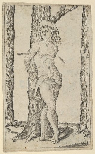 Saint Sebastian tied to tree pierced with arrows, from "Piccoli Santi" (Small Saints)