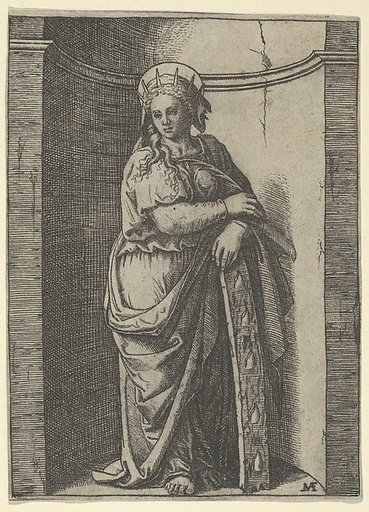 Saint Catherine standing in a niche, resting on a wheel, her instrument of torture