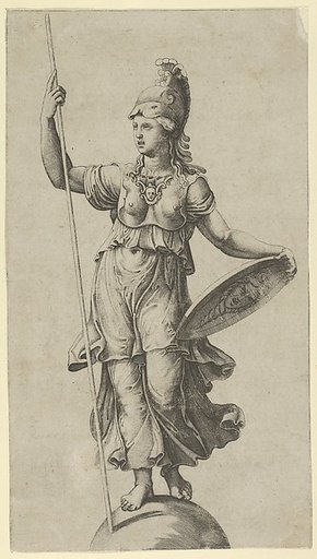 Pallas Athena standing on a globe, holding a spear in her left hand and her shield in her right