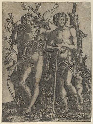 Apollo standing at the left, his hand resting on the shoulder of Hyacinthus, Cupid in the lower right