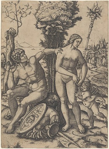 Mars seated at the left, his left hand on Venus's shoulder, cupid beside her at the right