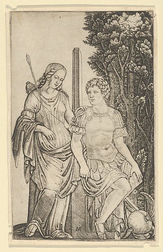 Venus standing at left resting her hand on the shoulder of Aeneas seated at right