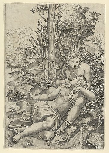 Medor and  Angelica from Lodovico Ariosto's "Orlando Furioso", or Venus and Adonis embracing, set within a landscape