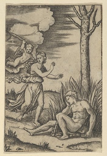 Diana followed by cupid at left, Endymion at right