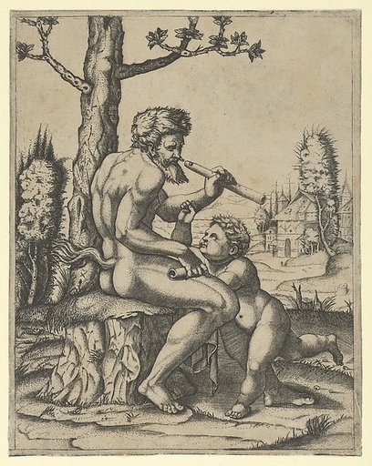 A faun sitting on a rock holding a flute in his left hand; a child stands between his knees
