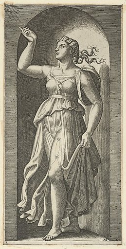 Faith personified by a woman standing in a niche, pointing to rays in the upper left, from "The Virtues"
