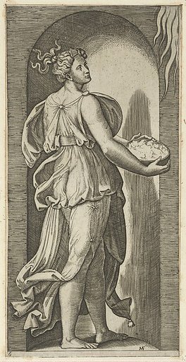 Hope personified as a woman standing in a niche facing right, holding a container of unleavened bread in both hands, from "The Virtues"
