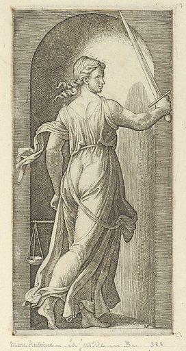 Justice personified by a young woman holding a sword in her raised right hand, scales in her left, from 'The Virtues'