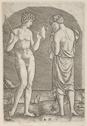 A naked man at left showing an axe to a woman at right