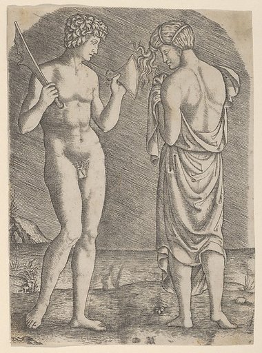 A naked man at left showing an axe to a woman at right