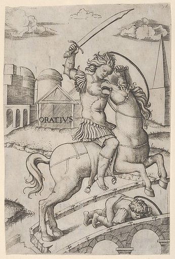 Horatius Cocles on horseback, trampling a fallen soldier