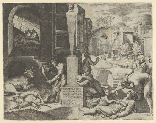 A plague scene at right, a man at left holding a torch illuminating part of the scene, ill people at the right