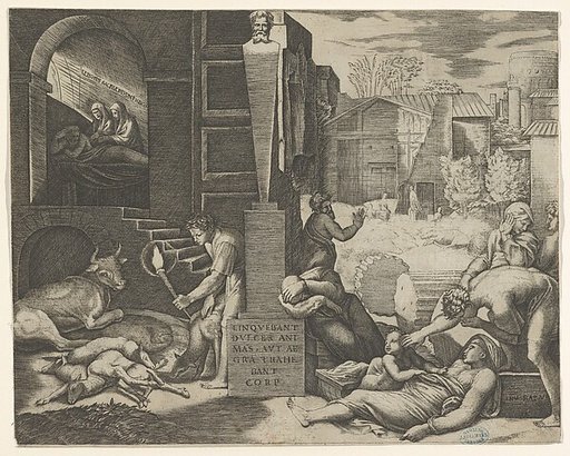 A plague scene at right, a man at left holding a torch illuminating part of the scene at left, sick people at the right