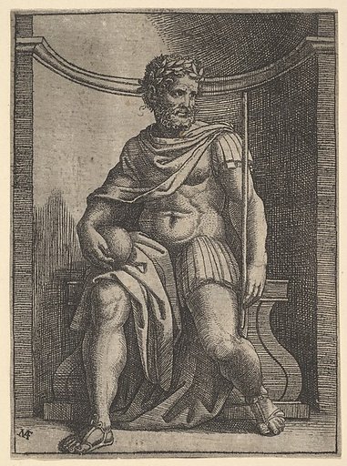 A  Roman emperor sitting in a niche holding a globe and sceptre and looking to his left