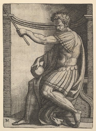 A Roman emperor sitting in a niche holding a sceptre in his raised left hand and a globe in his right hand