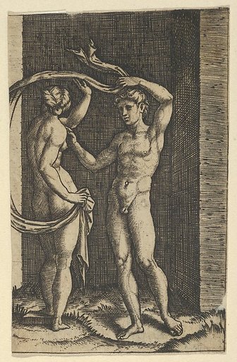 Nude woman viewed from behind holding fabric which blows behind her, looking at male nude standing in contrapposto in front of her